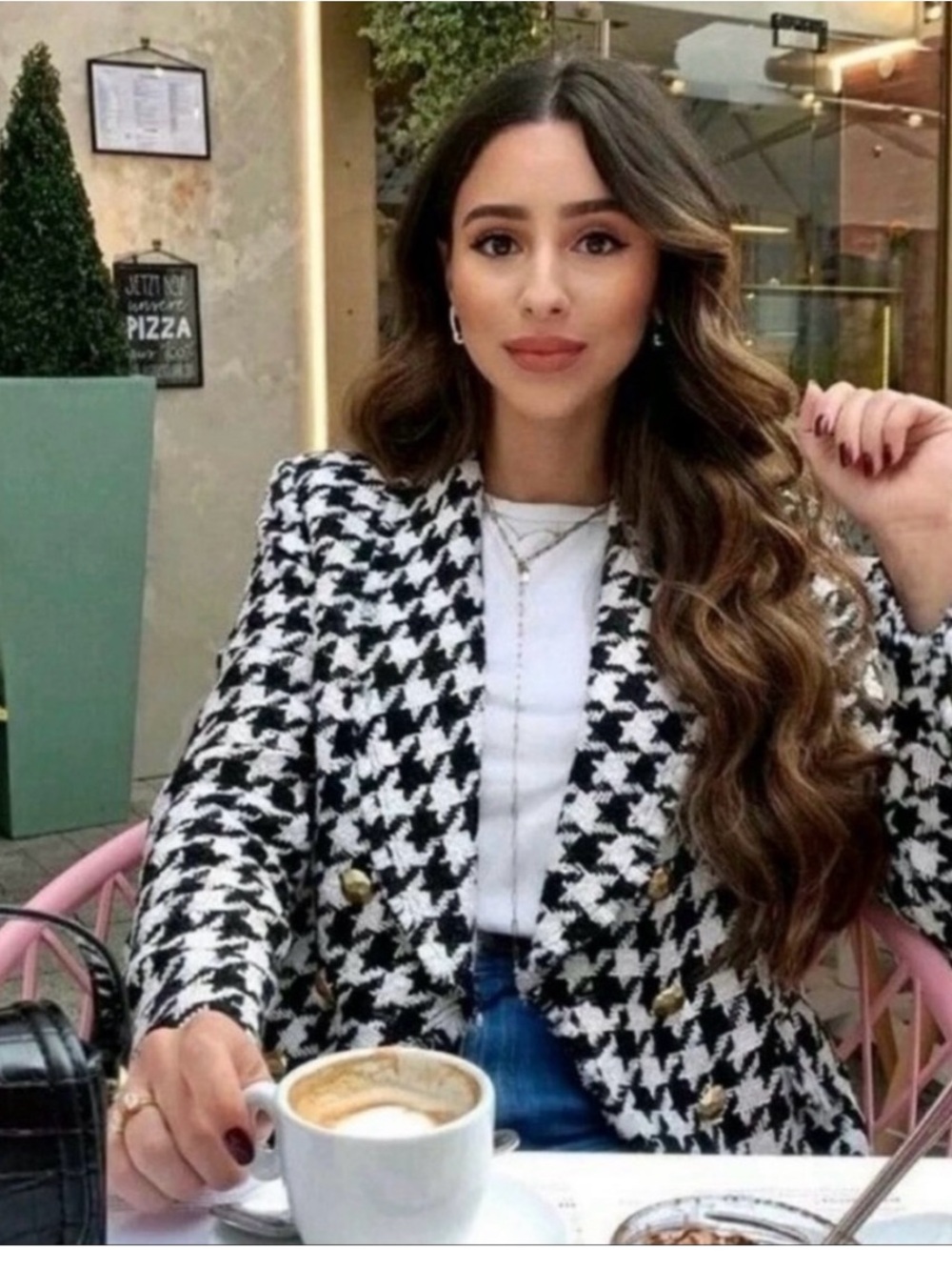 Zara Black & White Houndstooth Double-Breasted Blazer with Gold Buttons